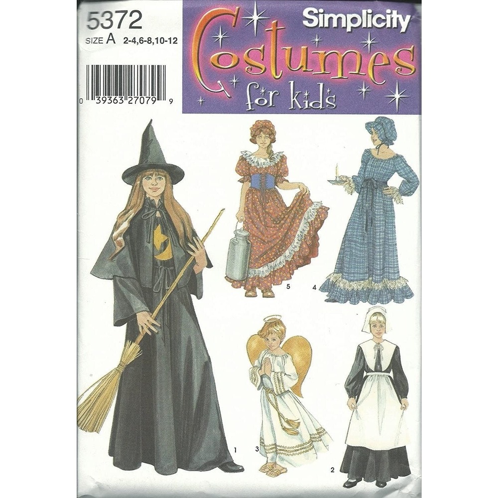 Simplicity Sewing Pattern 5372 Pioneer Angel Witch Pilgrim Costumes Size 2-12